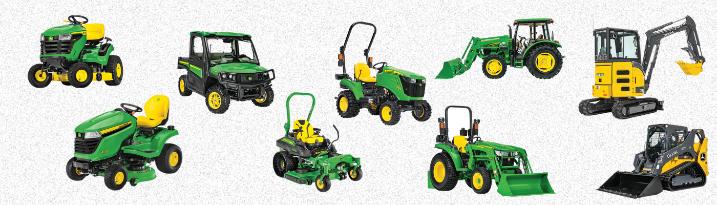 John Deere equipment lineup covered by Sunshine Equipment Winter Service inspection pricing - mowers, tractors, Gators, excavators, and skid steers
